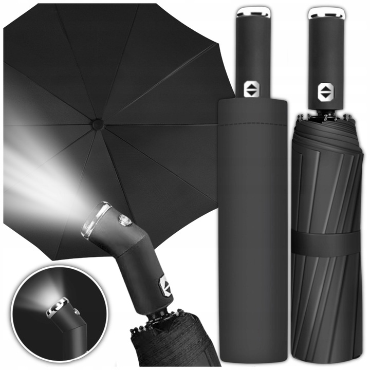 PARASOLKA AUTOMATYCZNA Z LATARKĄ LED PARASOL SKŁADANY PEŁEN AUTOMAT CZARNY
