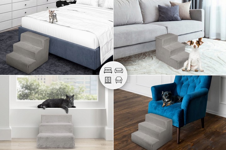 Schodki dla psa 3-stopnie tapicerowane szare podest dla psa do kanapy łóżka