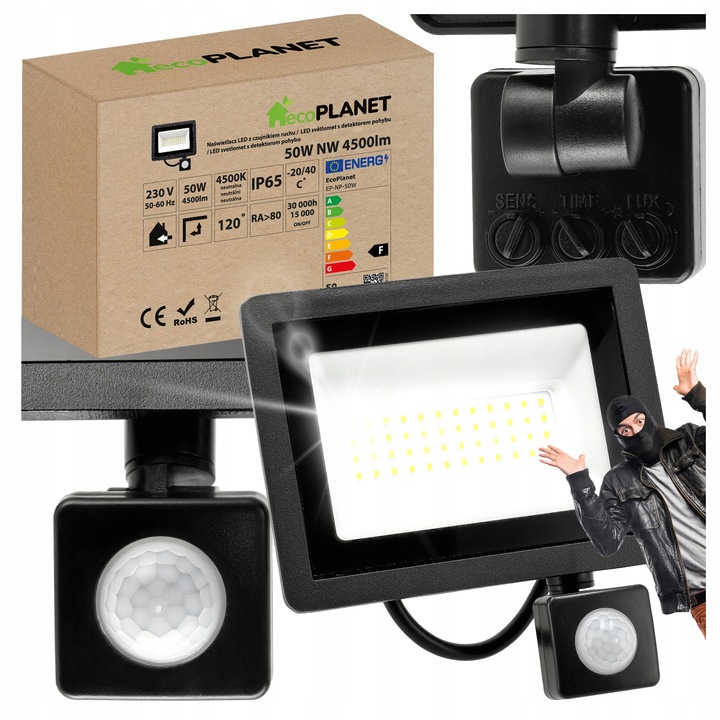 Halogen LED 50W 4500lm Lampa z Czujnik Ruchu Zmierzchu Naświetlacz