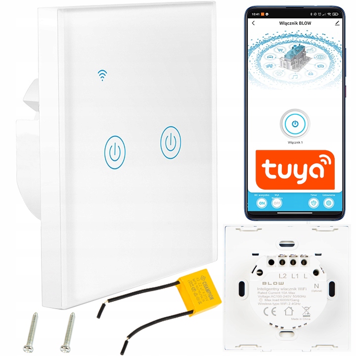 DOTYKOWY WŁĄCZNIK ŚWIATŁA DWUKANAŁOWY SZKLANY LED BIAŁY WiFi Tuya