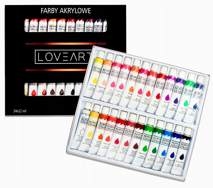 Farby akrylowe 24x12 ml Loveart Zestaw 24 kolorów farb akrylowych do płótna