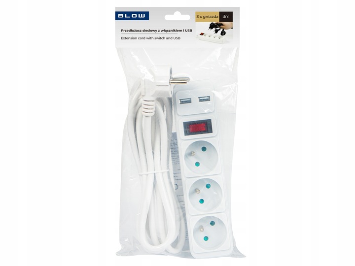 PRZEDŁUŻACZ LISTWA ZASILAJĄCA 3 GNIAZDA 3M 2X USB GRUBY KABEL