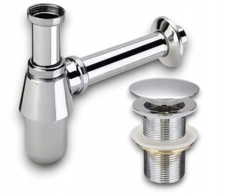 ZESTAW: SYFON UMYWALKOWY DO UMYWALKI + KOREK KLIK-KLAK BEZ PRZELEWU SREBRNY