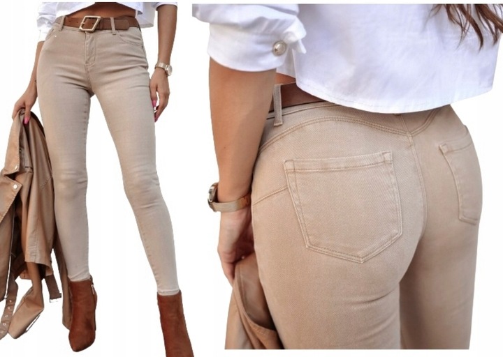 Spodnie z paskiem M.SARA jeansy damskie rurki beżowe PUSH UP