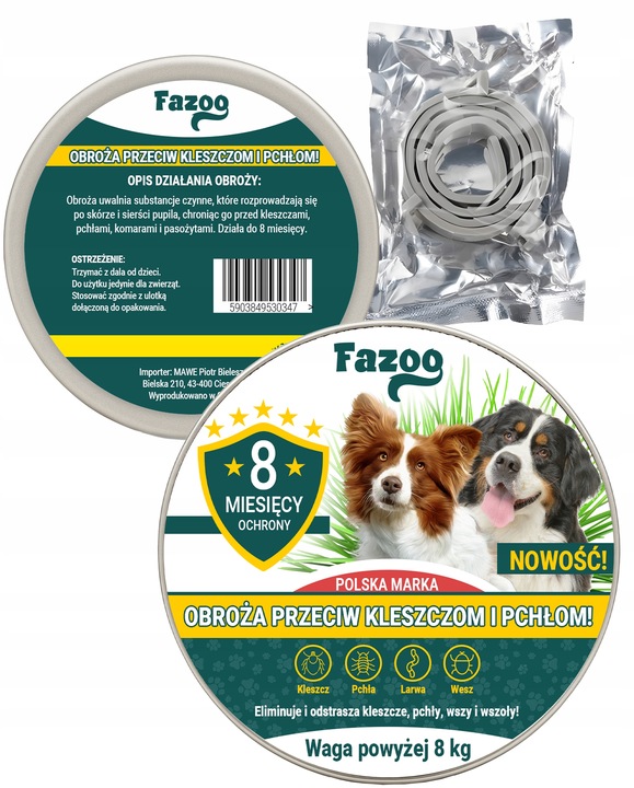 OBROŻA NA KLESZCZE i Pchły dla Dużego Psa Antykleszczowa 8 Miesięcy Fazoo