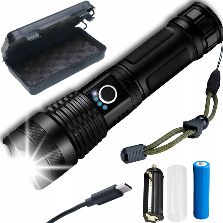 LATARKA LED MOCNA AKUMULATOROWA TAKTYCZNA ZOOM BIWAKOWA USB-C