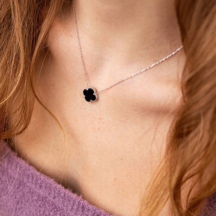 SREBRNY Naszyjnik Damski Łańcuszek SREBRO pr. 925 Koniczynka ONYKS + GRATIS