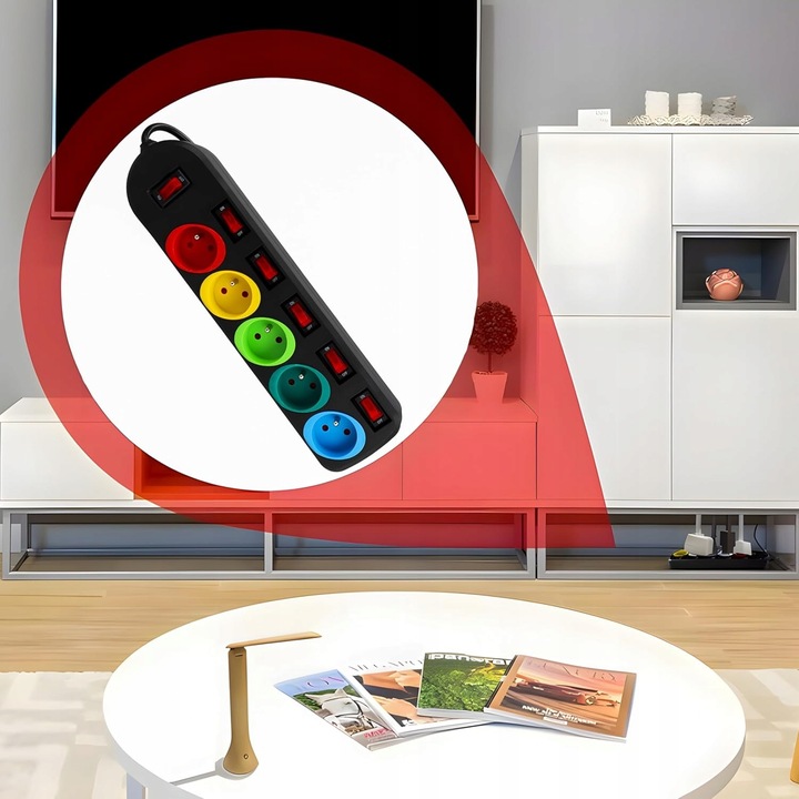 PRZEDŁUŻACZ LISTWA ZASILAJĄCA 1.5M 5 GNIAZD Z WYŁĄCZNIKAMI KOLOROWE