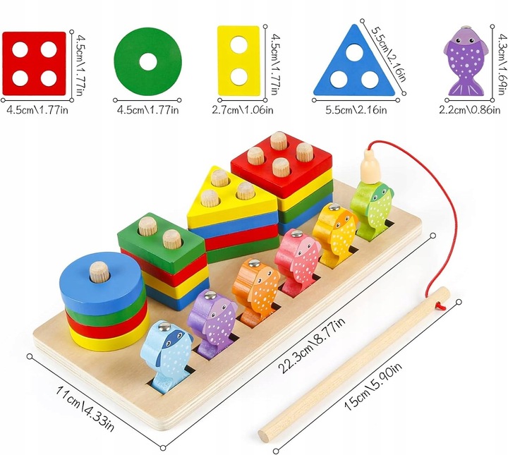 V4 ŁOWIENIE RYBEK SORTER DREWNIANY UKŁADANKA FIGURY 4 WIEŻE WĘDKA RYBKI 2w1