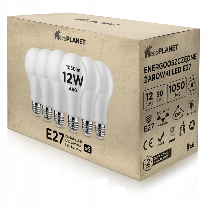 6x Żarówka LED E27 A60 12W 1050lm BARWY ecoPLANET