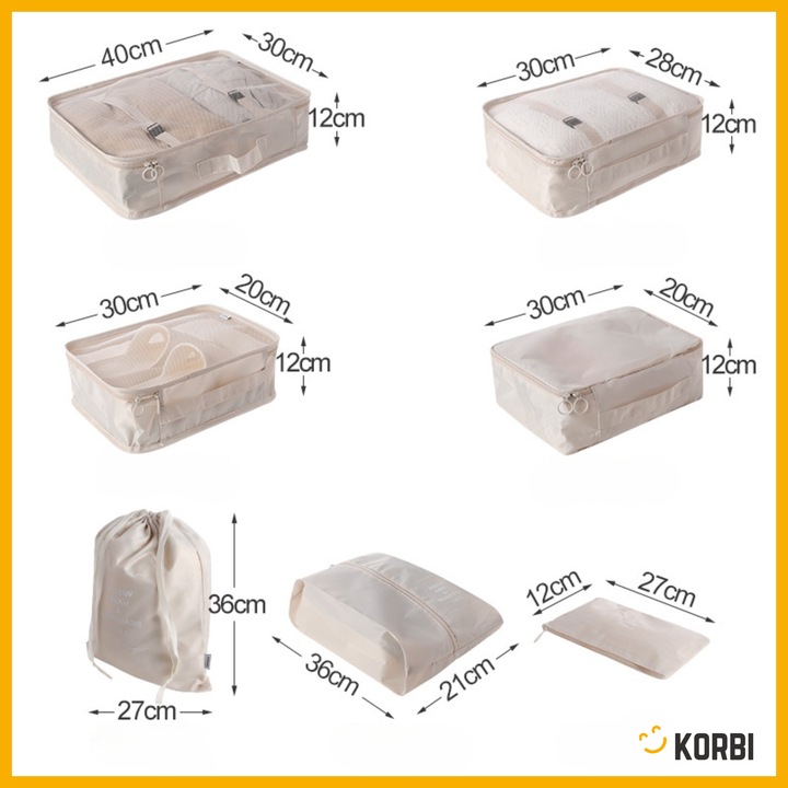 ZESTAW ORGANIZERÓW ORGANIZER PODRÓŻNY WALIZKI SZAFY UBRAŃ KOMPLET 8szt BEŻ