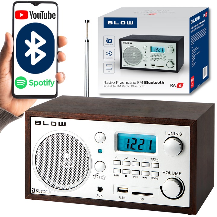 RADIO KUCHENNE BLUETOOTH PRZENOŚNE RETRO LCD ANTENA FM USB SD ZEGAR