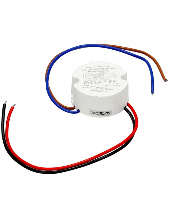 Zasilacz Transformator LED 12V 30W 2,5A Do Puszki FI60 IP67 Dopuszkowy