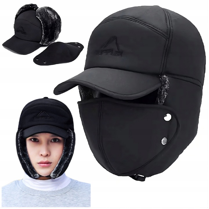 CIEPŁA CZAPKA ZIMOWA Z FUTERKIEM NA ZIMĘ MĘSKA Z DASZKIEM NAUSZNIKI