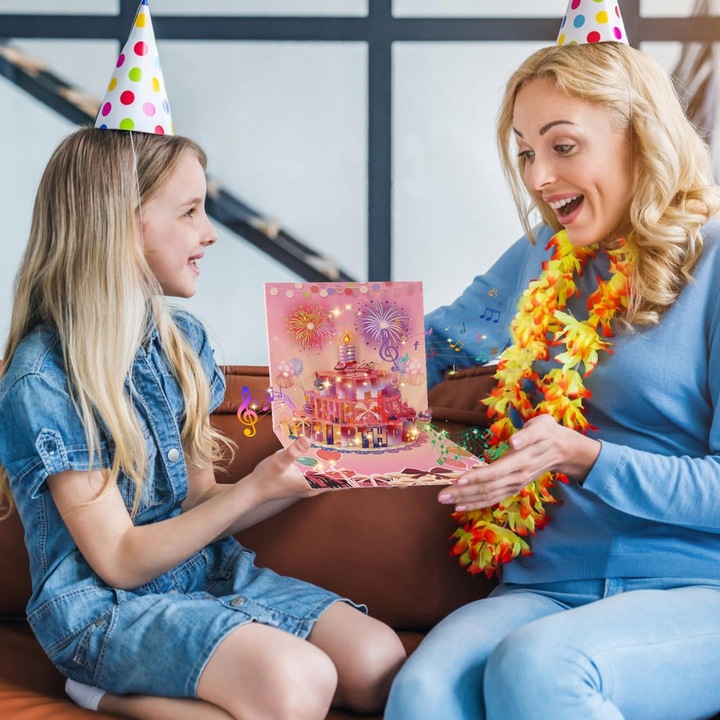 Kartka URODZINOWA GRAJĄCA Melodia ŚWIATŁO TORT LED ZDMUCHNIJ ŚWIECZKĘ Magia