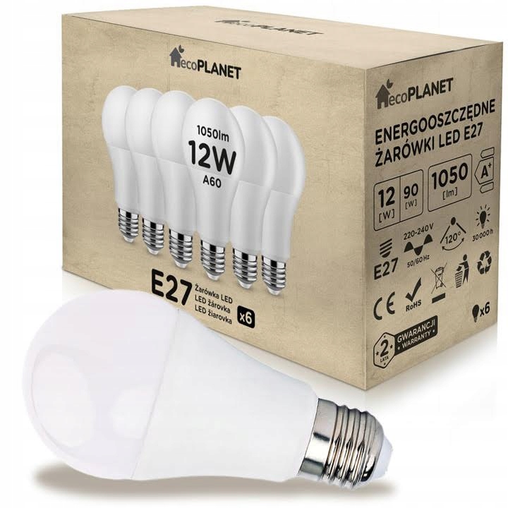 6x Żarówka LED E27 A60 12W 1050lm BARWY ecoPLANET