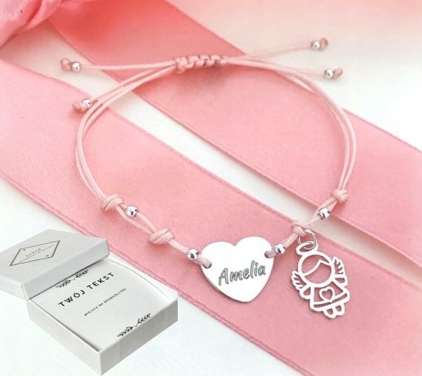 Pamiątka komunii, chrztu bransoletka grawer Aniołek Serce TWÓJ TEKST