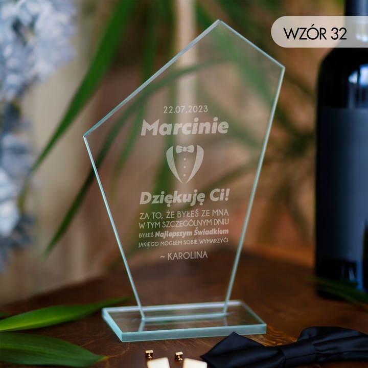 PODZIĘKOWANIA DLA ŚWIADKÓW STATUETKA SZKLANA GRAWER PREZENT DLA ŚWIADKA