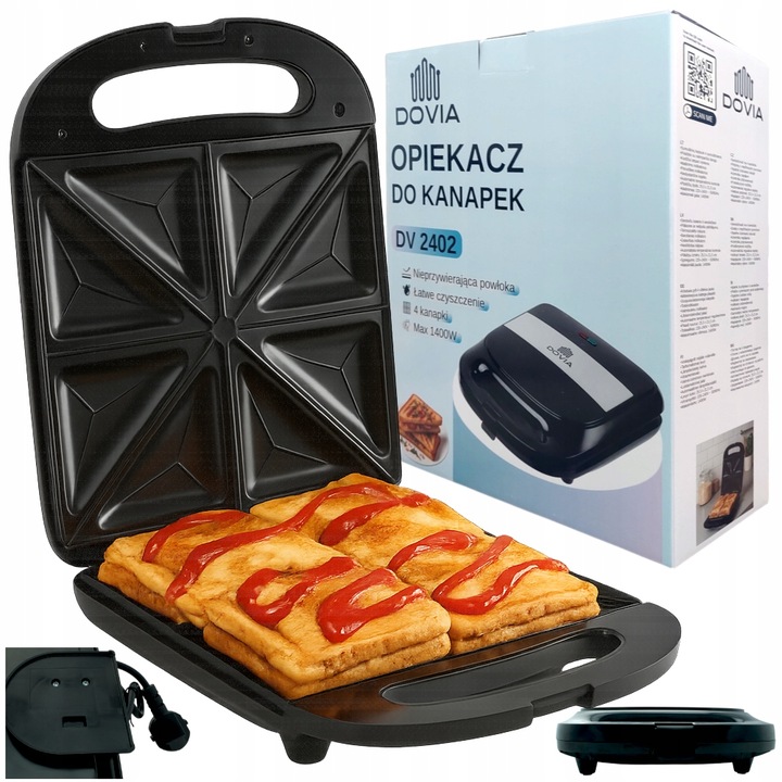 Czarny Toster Opiekacz Do Kanapek XXL 4 Kanapki 1400W Tosty Sandwich