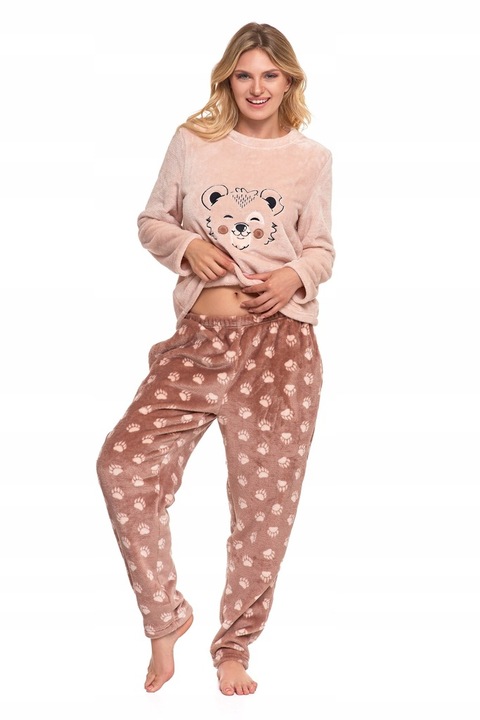 CIEPŁA PIŻAMA DWUCZĘŚCIOWA DAMSKA DŁUGA PLUSZOWA WZÓR MISIA MORAJ R.S