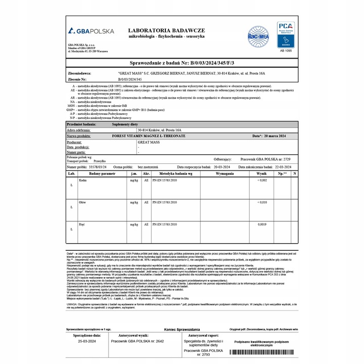 FOREST VITAMIN L-TREONIAN MAGNEZU 50g CZYSTY PROSZEK L-THREONATE MAGNEZ