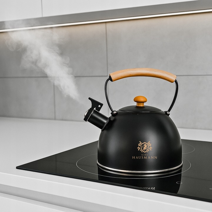 CZAJNIK STALOWY na GAZ 2,5L CZARNY z GWIZDKIEM +DREWNIANA RĄCZKA