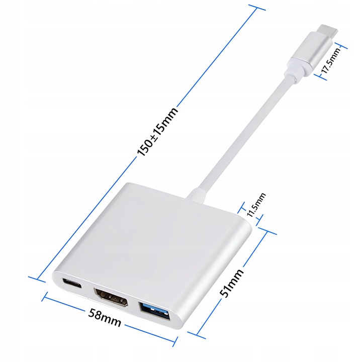 PRZEJŚCIÓWKA ADAPTER 3W1 USB-C 4K HDMI HUB USB 3.0 KONWERTER 100W 3A