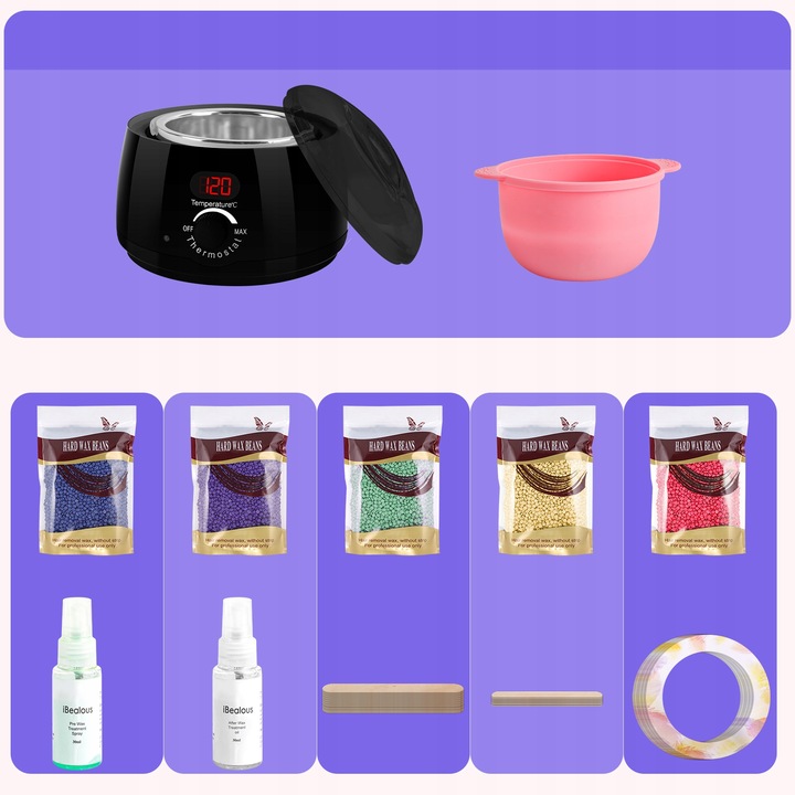 Zestaw do depilacji PODGRZEWACZ 500ml 100W 5x wosk twardy LED wyświetlacz