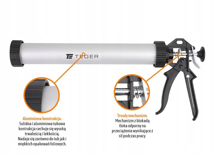 PISTOLET wyciskacz do silikonu mas KIEŁBAS 600ml + 2 końcówki TEGER