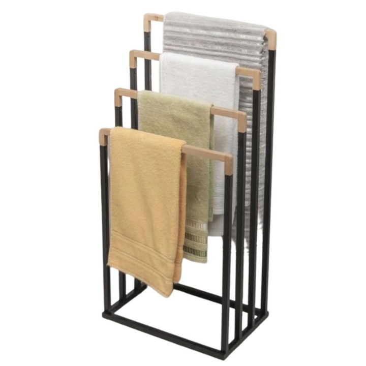 Stojak łazienkowy wieszak na ręczniki czarny stojący do łazienki bambus