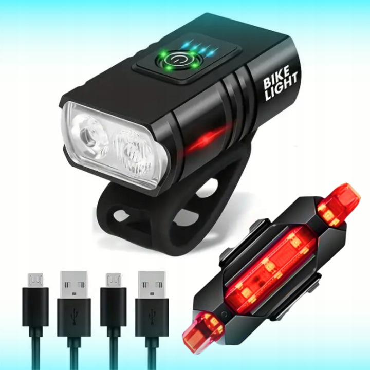 MOCNA LAMPKA ROWEROWA PRZEDNIA TYLNA LED WODOODPORNA AKUMULATOR USB ZESTAW