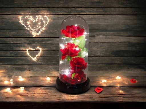 WIECZNA RÓŻA W SZKLE W KOPULE ŚWIECĄCA NA WALENTYNKI LED PREZENT PUDEŁKO