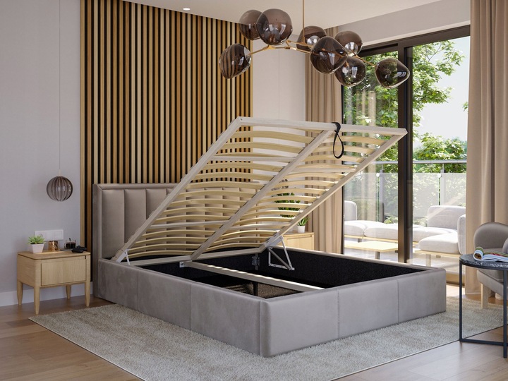 ŁOŻKO TAPICEROWANE MOON Z PODNOSZONYM STELAŻEM POJEMNIKIEM POŚCIEL 140x200