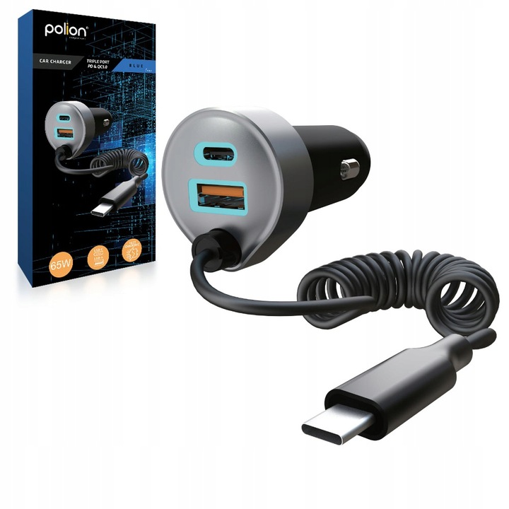 Mocna ładowarka samochodowa POLION USB-A 2xUSB-C 65W QC3.0 PD z przewodem