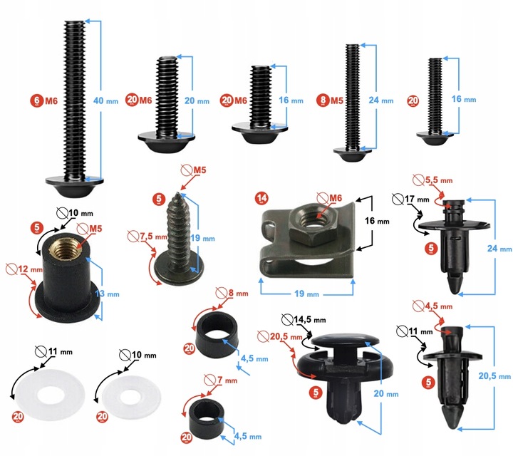 ZESTAW KPL śruby DO OWIEWEK MOTOCYKLOWYCH 193szt czarne alu