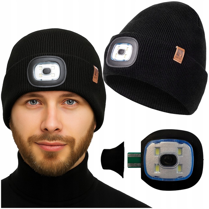 CZAPKA MĘSKA ZIMOWA ROBOCZA Z LATARKĄ LED WYWIJANA DWUWARSTWOWA