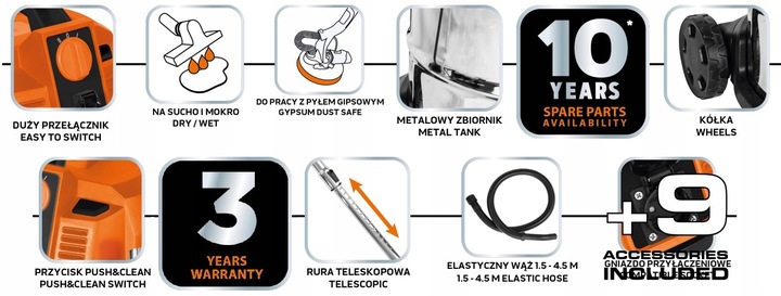 ODKURZACZ 1600W 35L NA SUCHO I MOKRO DO GIPSU + OSPRZĘT 04-739 NEO
