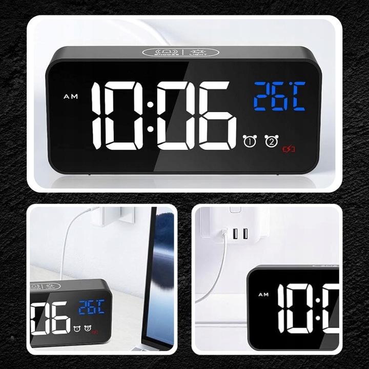 BUDZIK ELEKTRONICZNY ZEGAR LED CYFROWY STOJĄCY TERMOMETR ALARM DATA + USB