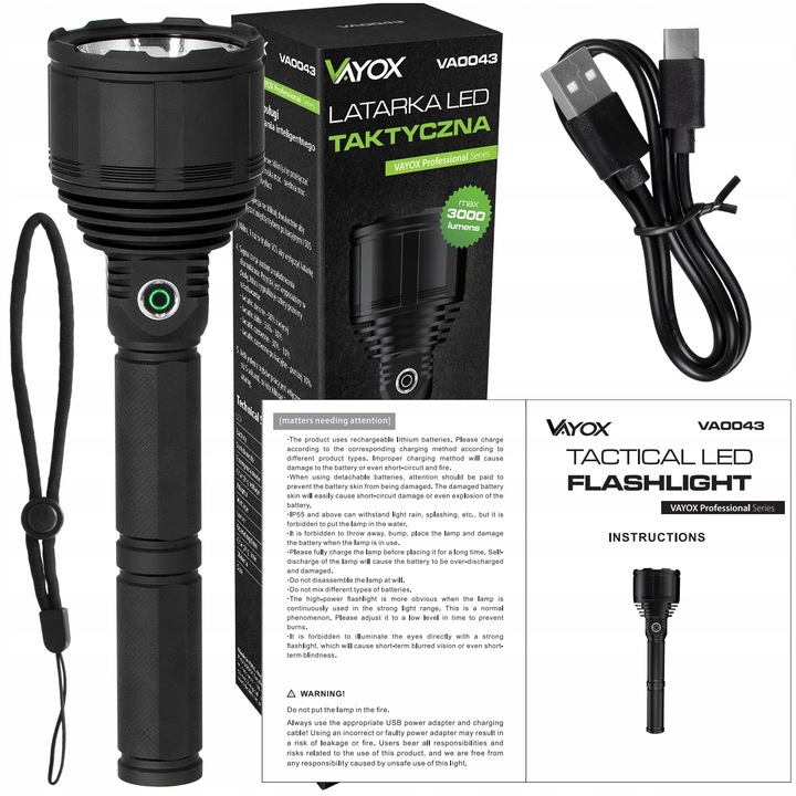 LATARKA LED TAKTYCZNA AKUMULATOROWA USB-C IPX7 XHP90 30W 3000lm PRO VAYOX