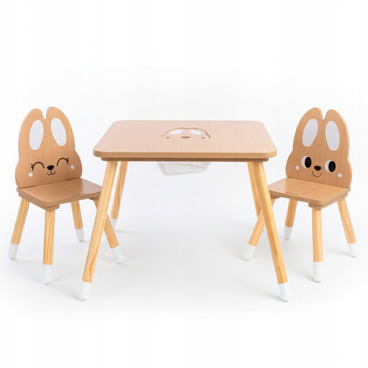 Drewniany stolik ze schowkiem i 2 krzesełka Zestaw dla dzieci Uroczy