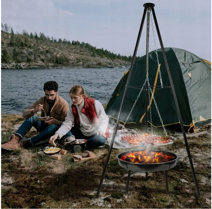 GRILL OGRODOWY WISZĄCY PALENISKO TRÓJNÓG DUŻY 50CM RUSZT + MATY WĘGLOWY