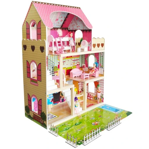 DUŻY DREWNIANY DOMEK DLA LALEK MEBLE + LALKI + LED