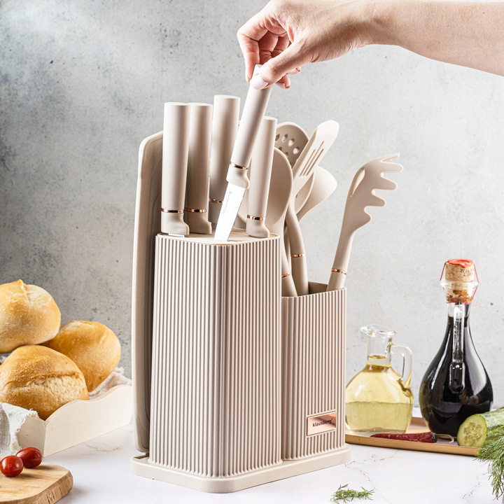 Komplet 5 Noży + Zestaw 5 przyborów kuchennych + deska do krojenia + Stojak