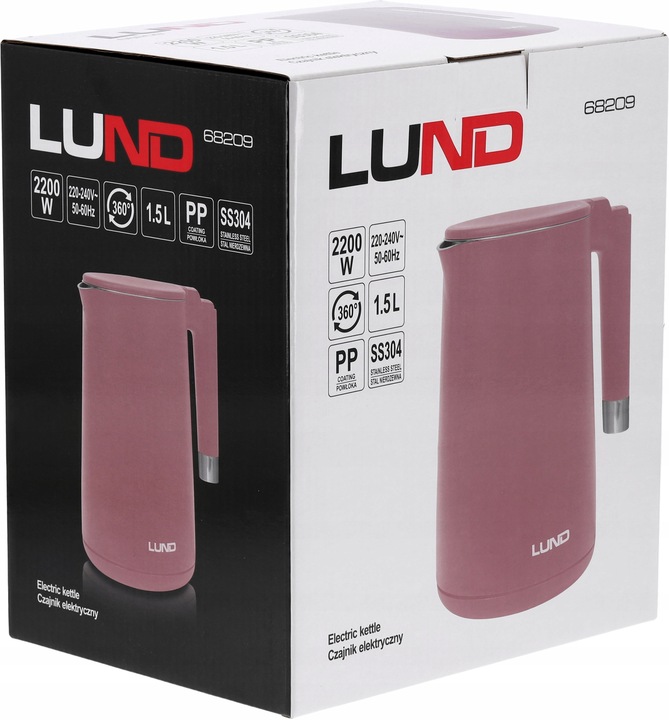 CZAJNIK ELEKTRYCZNY LUND 2200W 1,5L RÓŻOWY PODWÓJNE ŚCIANKI
