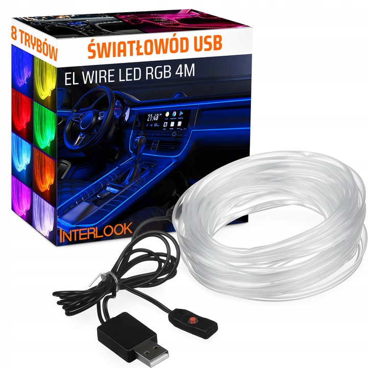 ŚWIATŁOWÓD EL WIRE LED RGB USB OŚWIETLENIE WNĘTRZA AUTA KABINY SAMOCHODU 4m