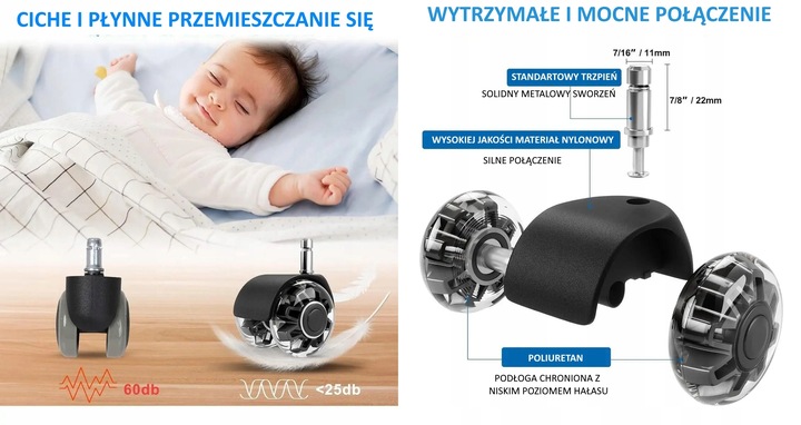 KÓŁKA DO FOTELA Obrotowego Krzesła Kauczukowe Gumowe Silikonowe 11mm