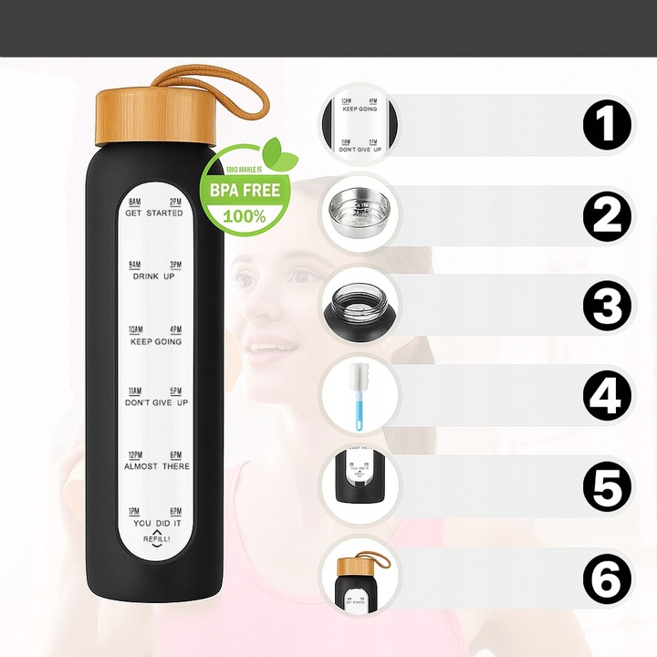Szklana butelka na wodę motywacyjna z miarką wielorazowa słomka do picia 1L