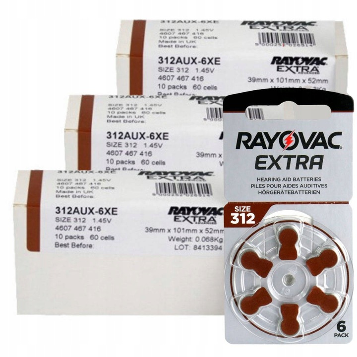 60 x Baterie słuchowe 312 PR41 RAYOVAC extra bateria pastylki mini