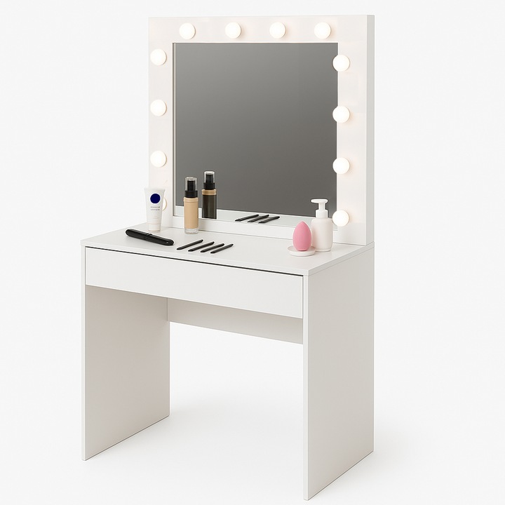 TOALETKA KOSMETYCZNA LED Z LUSTREM BIAŁA PODŚWIETLENIE SNOWY BIAŁA