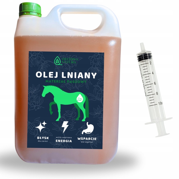OLEJ LNIANY DLA KONI 5L PASZA DLA ZWIERZĄT + STRZYKAWKA